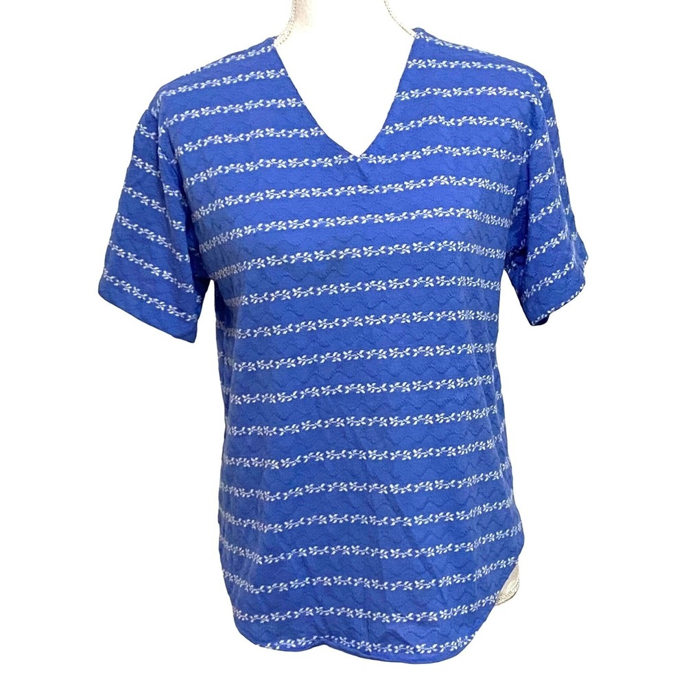 Y2K Striped Pointelle Knit Sweater‎ L Blue Coastal Cruise Travel Vacation Granny